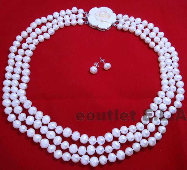 GENUINE PEARLS 3-ROW NECKLACE+FREE EARRINGS